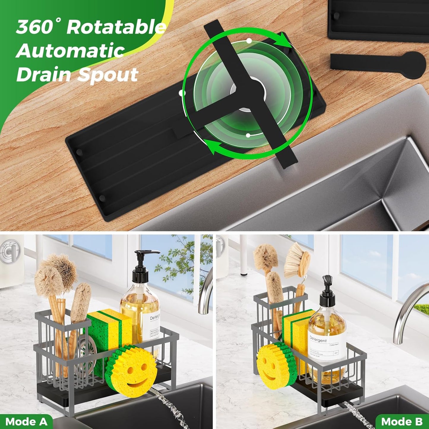 Sponge Holder for Kitchen Sink,Smiley Face Sink Caddy with Removable Brush Holder,Self-Draining Sponge Caddy for Sponge,Soap,Dish Brush,Scrubber,Kitchen Essentials and Gadgets