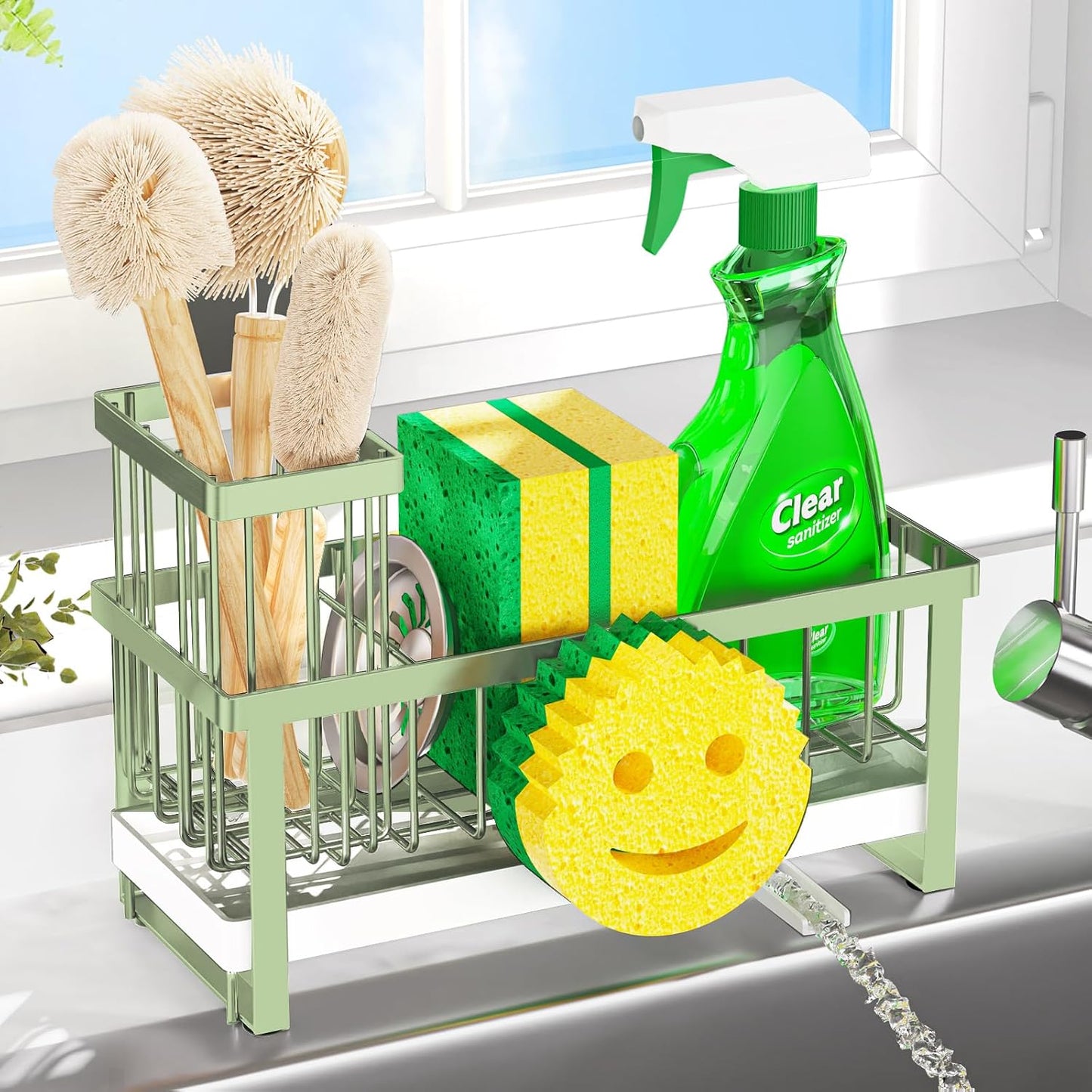 Sponge Holder for Kitchen Sink,Smiley Face Sink Caddy with Removable Brush Holder,Self-Draining Sponge Caddy for Sponge,Soap,Dish Brush,Scrubber,Kitchen Essentials and Gadgets