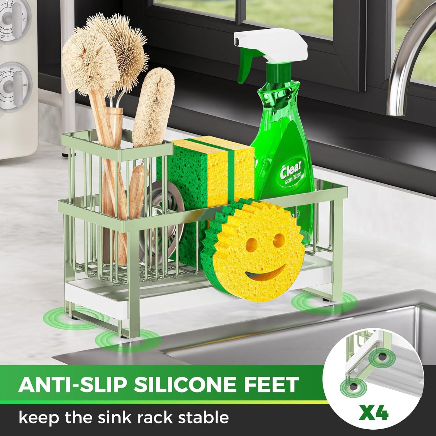 Sponge Holder for Kitchen Sink,Smiley Face Sink Caddy with Removable Brush Holder,Self-Draining Sponge Caddy for Sponge,Soap,Dish Brush,Scrubber,Kitchen Essentials and Gadgets