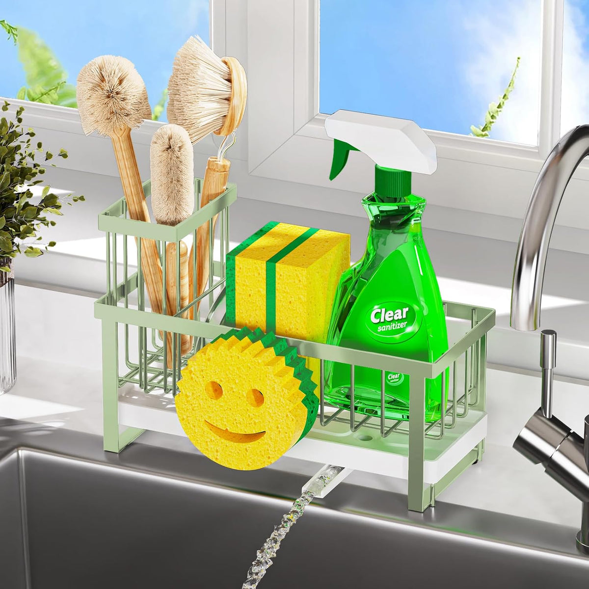 Sponge Holder for Kitchen Sink,Smiley Face Sink Caddy with Removable Brush Holder,Self-Draining Sponge Caddy for Sponge,Soap,Dish Brush,Scrubber,Kitchen Essentials and Gadgets
