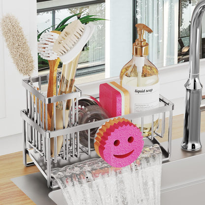 Sponge Holder for Kitchen Sink,Smiley Face Sink Caddy with Removable Brush Holder,Self-Draining Sponge Caddy for Sponge,Soap,Dish Brush,Scrubber,Kitchen Essentials and Gadgets