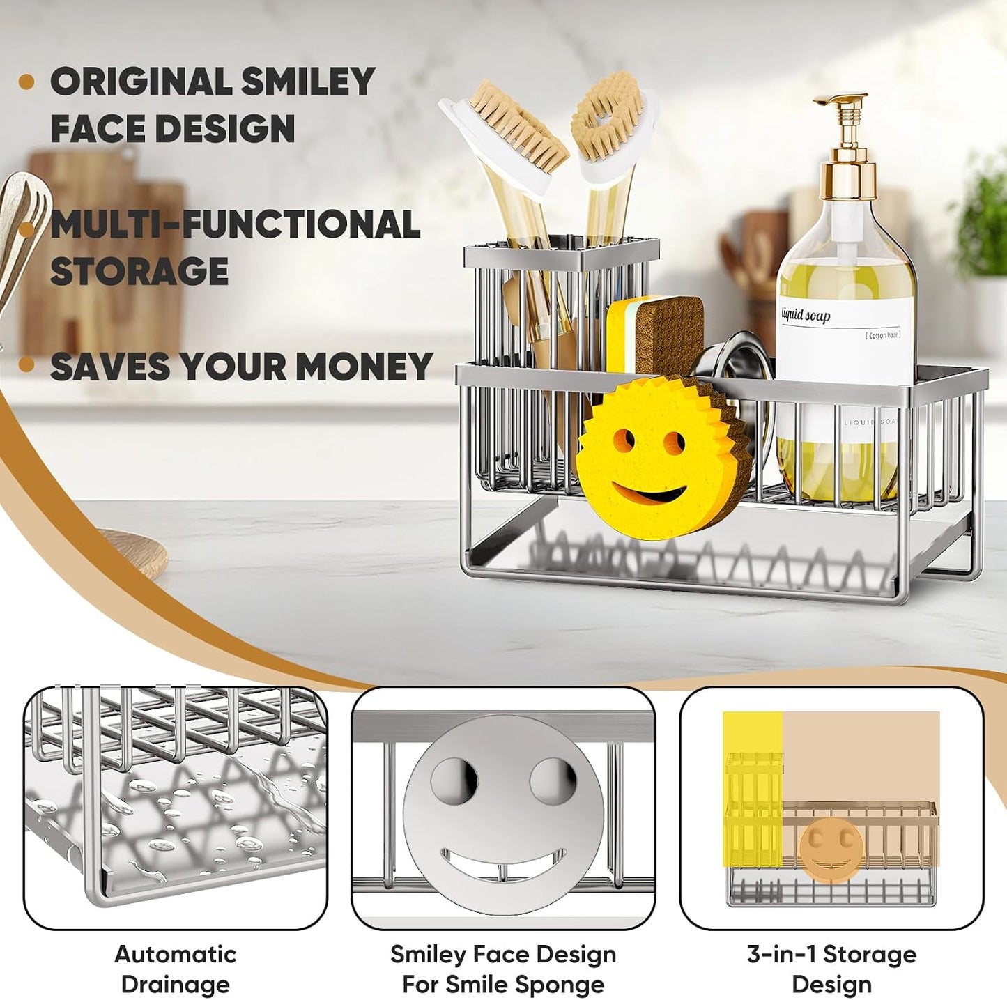 Sponge Holder for Kitchen Sink,Smiley Face Sink Caddy with Removable Brush Holder,Self-Draining Sponge Caddy for Sponge,Soap,Dish Brush,Scrubber,Kitchen Essentials and Gadgets