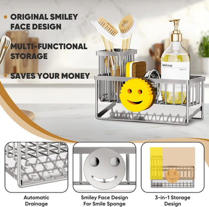 Sponge Holder for Kitchen Sink,Smiley Face Sink Caddy with Removable Brush Holder,Self-Draining Sponge Caddy for Sponge,Soap,Dish Brush,Scrubber,Kitchen Essentials and Gadgets