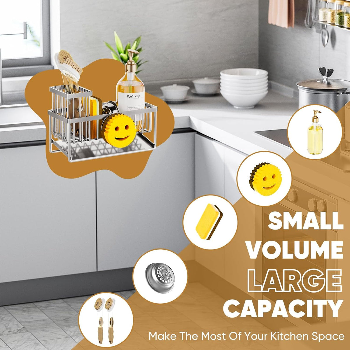Sponge Holder for Kitchen Sink,Smiley Face Sink Caddy with Removable Brush Holder,Self-Draining Sponge Caddy for Sponge,Soap,Dish Brush,Scrubber,Kitchen Essentials and Gadgets