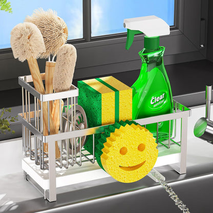 Sponge Holder for Kitchen Sink,Smiley Face Sink Caddy with Removable Brush Holder,Self-Draining Sponge Caddy for Sponge,Soap,Dish Brush,Scrubber,Kitchen Essentials and Gadgets