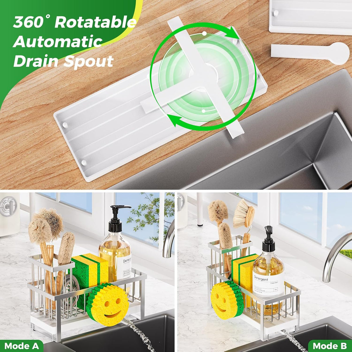 Sponge Holder for Kitchen Sink,Smiley Face Sink Caddy with Removable Brush Holder,Self-Draining Sponge Caddy for Sponge,Soap,Dish Brush,Scrubber,Kitchen Essentials and Gadgets