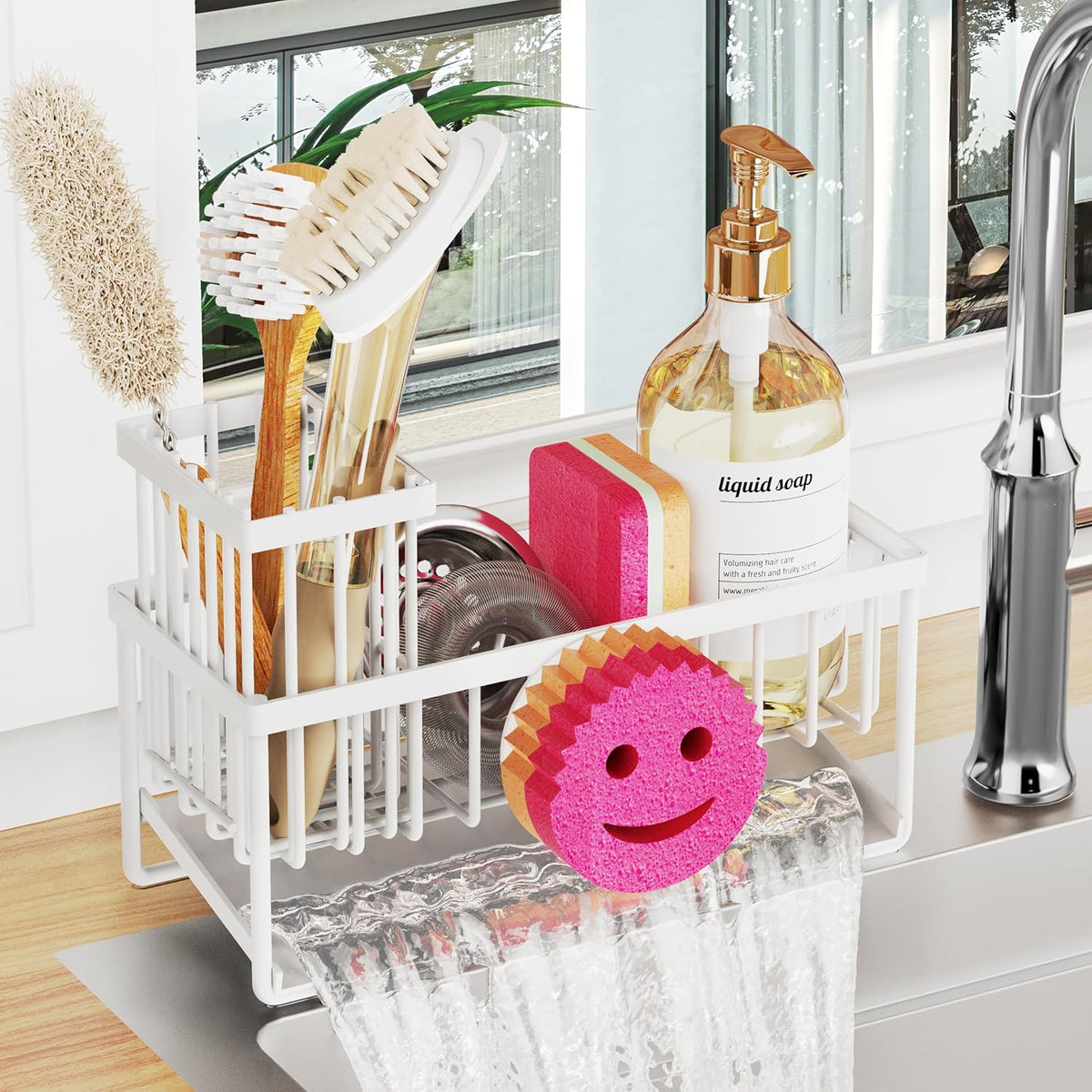 Sponge Holder for Kitchen Sink,Smiley Face Sink Caddy with Removable Brush Holder,Self-Draining Sponge Caddy for Sponge,Soap,Dish Brush,Scrubber,Kitchen Essentials and Gadgets