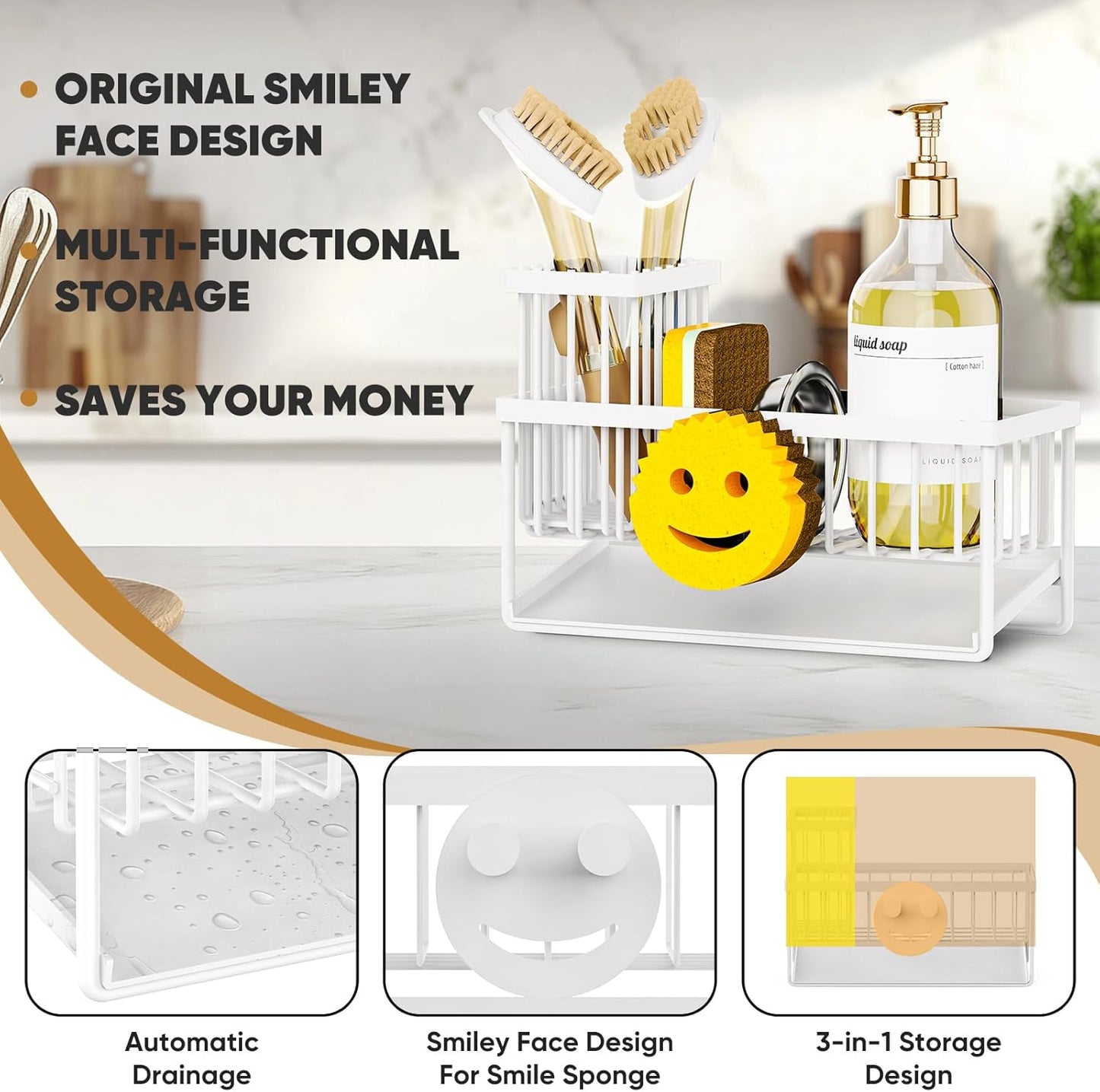 Sponge Holder for Kitchen Sink,Smiley Face Sink Caddy with Removable Brush Holder,Self-Draining Sponge Caddy for Sponge,Soap,Dish Brush,Scrubber,Kitchen Essentials and Gadgets