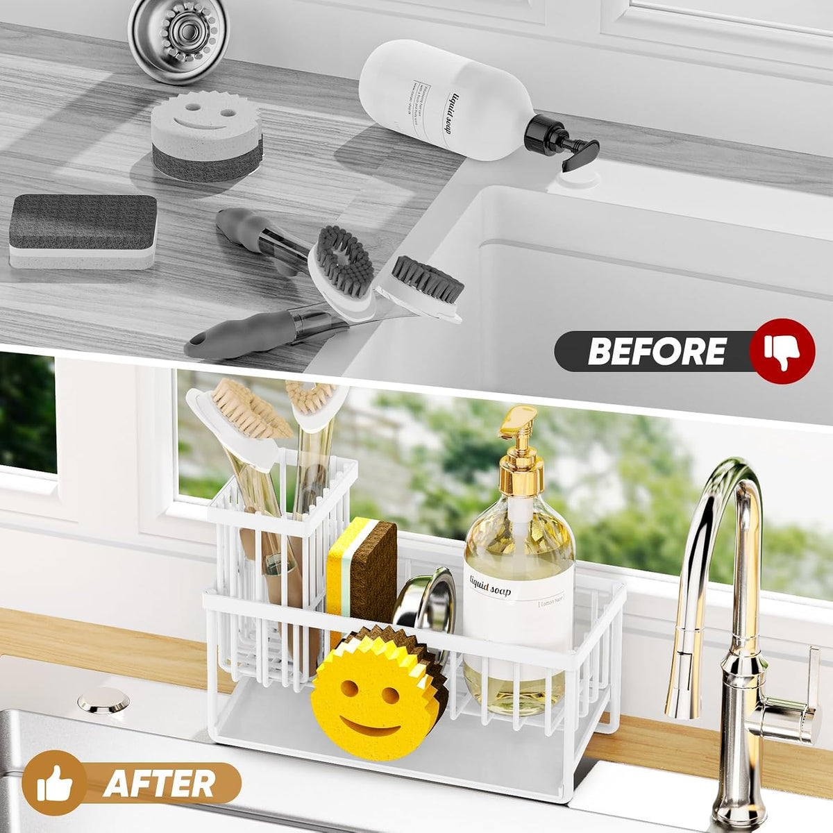 Sponge Holder for Kitchen Sink,Smiley Face Sink Caddy with Removable Brush Holder,Self-Draining Sponge Caddy for Sponge,Soap,Dish Brush,Scrubber,Kitchen Essentials and Gadgets