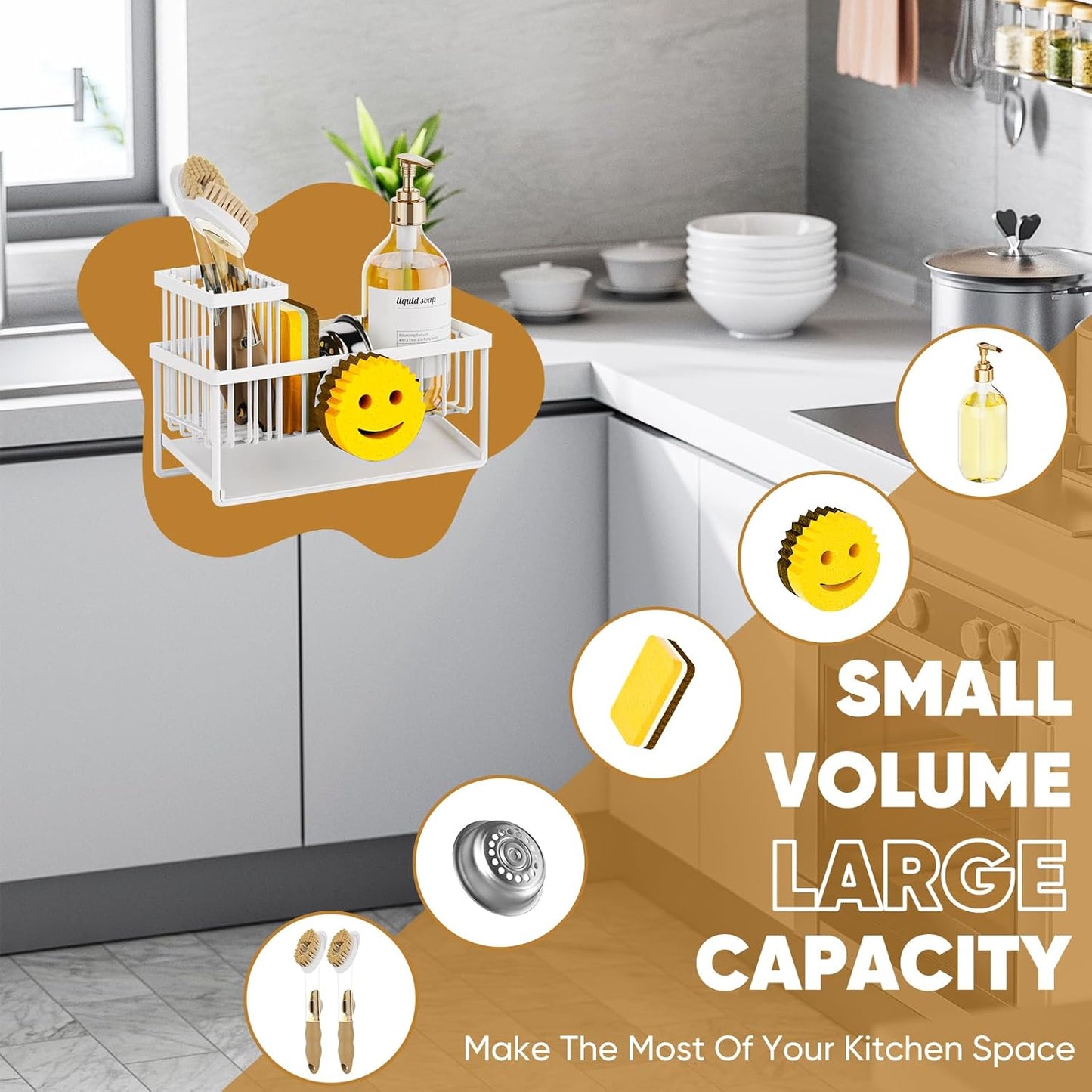 Sponge Holder for Kitchen Sink,Smiley Face Sink Caddy with Removable Brush Holder,Self-Draining Sponge Caddy for Sponge,Soap,Dish Brush,Scrubber,Kitchen Essentials and Gadgets
