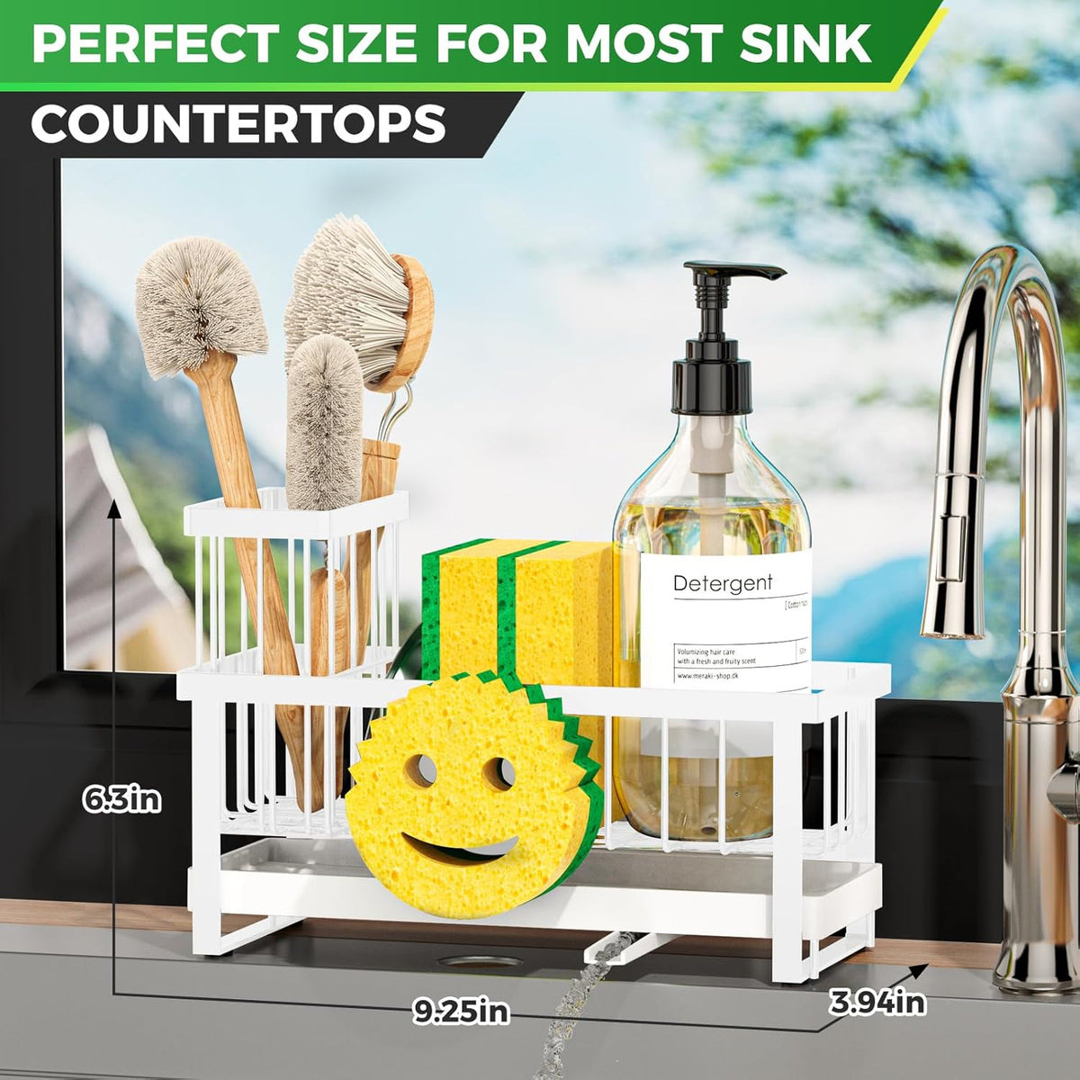 Sponge Holder for Kitchen Sink,Smiley Face Sink Caddy with Removable Brush Holder,Self-Draining Sponge Caddy for Sponge,Soap,Dish Brush,Scrubber,Kitchen Essentials and Gadgets