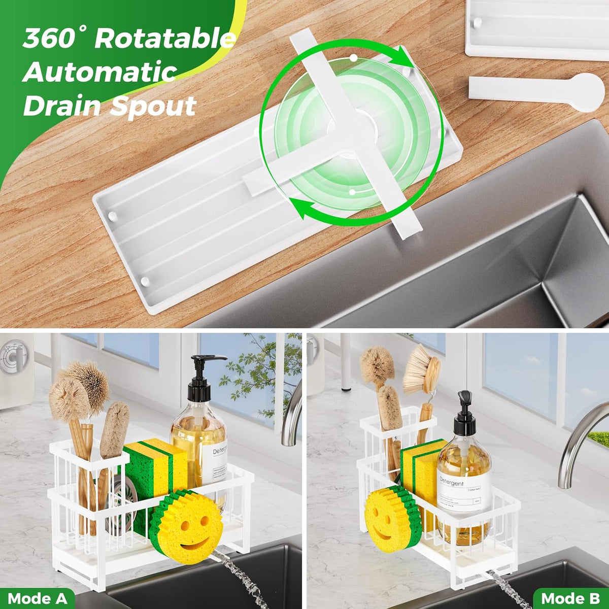 Sponge Holder for Kitchen Sink,Smiley Face Sink Caddy with Removable Brush Holder,Self-Draining Sponge Caddy for Sponge,Soap,Dish Brush,Scrubber,Kitchen Essentials and Gadgets