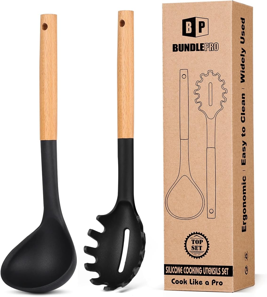 Silicone Pasta Fork and Ladle Spoon Set with Wooden Handle, Heat Resistant Non Stick Kitchen Utensils for Cooking, Stirring, Serving Spaghetti, Soup, Sauce(KHAKI)
