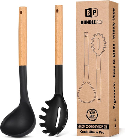 Silicone Pasta Fork and Ladle Spoon Set with Wooden Handle, Heat Resistant Non Stick Kitchen Utensils for Cooking, Stirring, Serving Spaghetti, Soup, Sauce(KHAKI)