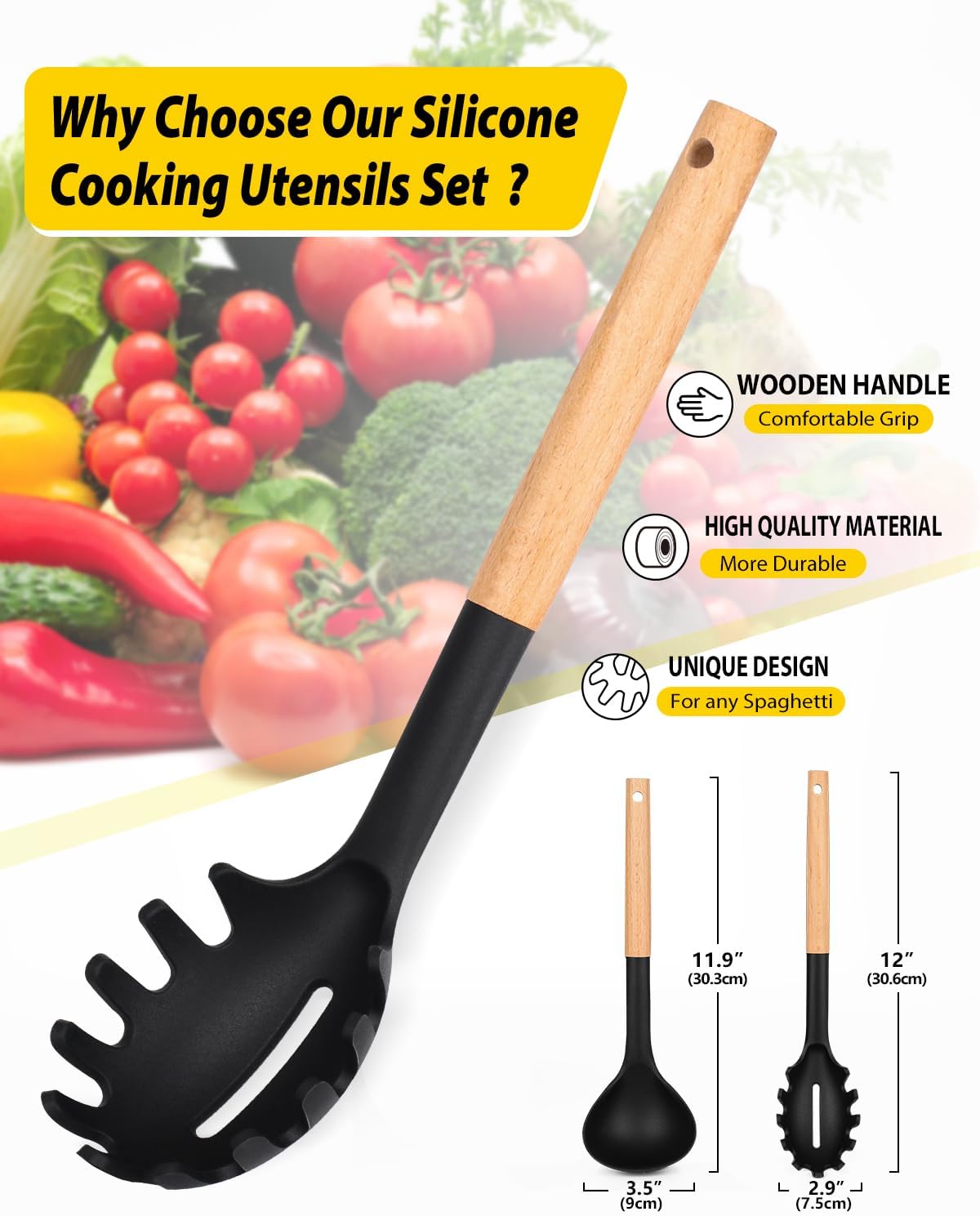 Silicone Pasta Fork and Ladle Spoon Set with Wooden Handle, Heat Resistant Non Stick Kitchen Utensils for Cooking, Stirring, Serving Spaghetti, Soup, Sauce(KHAKI)