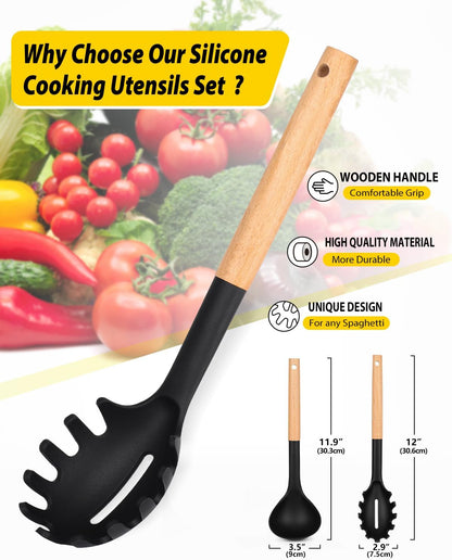 Silicone Pasta Fork and Ladle Spoon Set with Wooden Handle, Heat Resistant Non Stick Kitchen Utensils for Cooking, Stirring, Serving Spaghetti, Soup, Sauce(KHAKI)