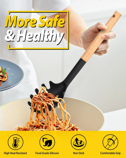 Silicone Pasta Fork and Ladle Spoon Set with Wooden Handle, Heat Resistant Non Stick Kitchen Utensils for Cooking, Stirring, Serving Spaghetti, Soup, Sauce(KHAKI)