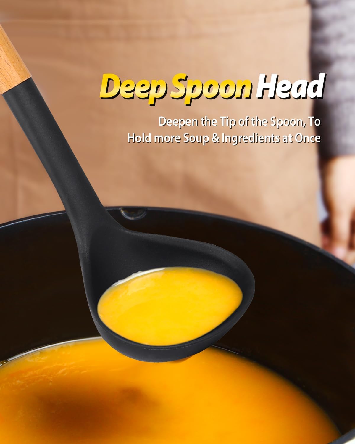Silicone Pasta Fork and Ladle Spoon Set with Wooden Handle, Heat Resistant Non Stick Kitchen Utensils for Cooking, Stirring, Serving Spaghetti, Soup, Sauce(KHAKI)