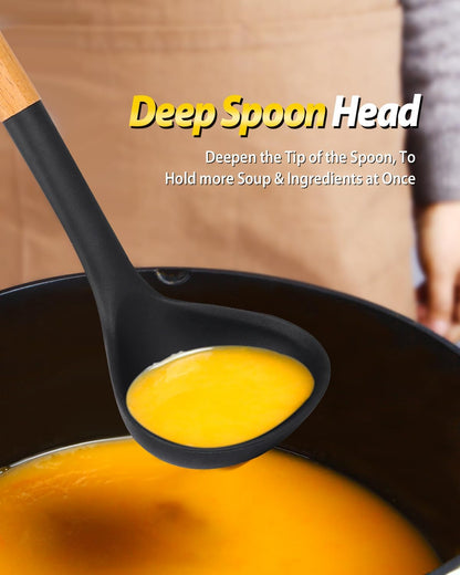 Silicone Pasta Fork and Ladle Spoon Set with Wooden Handle, Heat Resistant Non Stick Kitchen Utensils for Cooking, Stirring, Serving Spaghetti, Soup, Sauce(KHAKI)