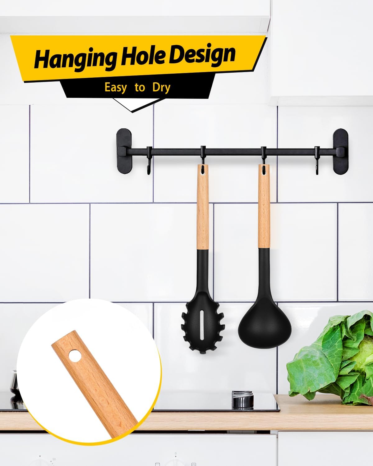 Silicone Pasta Fork and Ladle Spoon Set with Wooden Handle, Heat Resistant Non Stick Kitchen Utensils for Cooking, Stirring, Serving Spaghetti, Soup, Sauce(KHAKI)