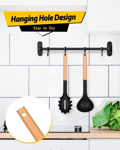 Silicone Pasta Fork and Ladle Spoon Set with Wooden Handle, Heat Resistant Non Stick Kitchen Utensils for Cooking, Stirring, Serving Spaghetti, Soup, Sauce(KHAKI)