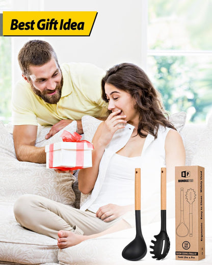Silicone Pasta Fork and Ladle Spoon Set with Wooden Handle, Heat Resistant Non Stick Kitchen Utensils for Cooking, Stirring, Serving Spaghetti, Soup, Sauce(KHAKI)