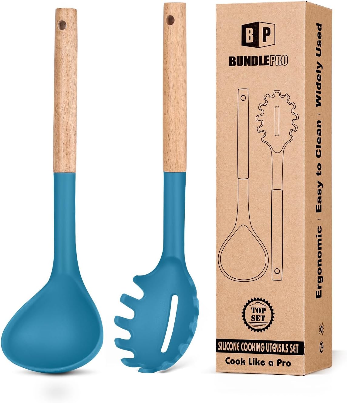 Silicone Pasta Fork and Ladle Spoon Set with Wooden Handle, Heat Resistant Non Stick Kitchen Utensils for Cooking, Stirring, Serving Spaghetti, Soup, Sauce(KHAKI)