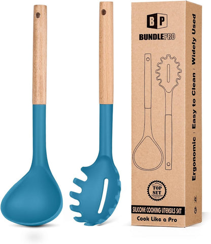 Silicone Pasta Fork and Ladle Spoon Set with Wooden Handle, Heat Resistant Non Stick Kitchen Utensils for Cooking, Stirring, Serving Spaghetti, Soup, Sauce(KHAKI)
