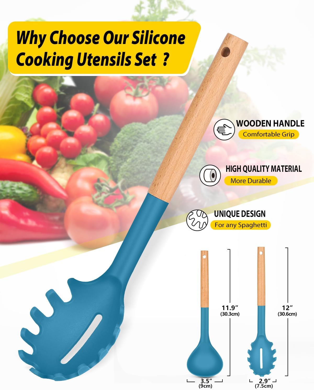 Silicone Pasta Fork and Ladle Spoon Set with Wooden Handle, Heat Resistant Non Stick Kitchen Utensils for Cooking, Stirring, Serving Spaghetti, Soup, Sauce(KHAKI)
