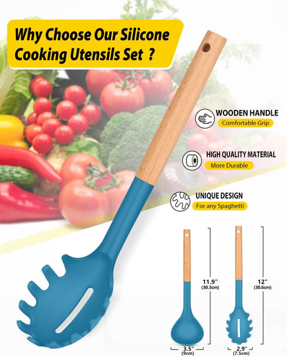 Silicone Pasta Fork and Ladle Spoon Set with Wooden Handle, Heat Resistant Non Stick Kitchen Utensils for Cooking, Stirring, Serving Spaghetti, Soup, Sauce(KHAKI)
