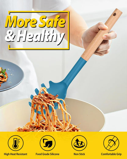Silicone Pasta Fork and Ladle Spoon Set with Wooden Handle, Heat Resistant Non Stick Kitchen Utensils for Cooking, Stirring, Serving Spaghetti, Soup, Sauce(KHAKI)