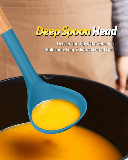 Silicone Pasta Fork and Ladle Spoon Set with Wooden Handle, Heat Resistant Non Stick Kitchen Utensils for Cooking, Stirring, Serving Spaghetti, Soup, Sauce(KHAKI)