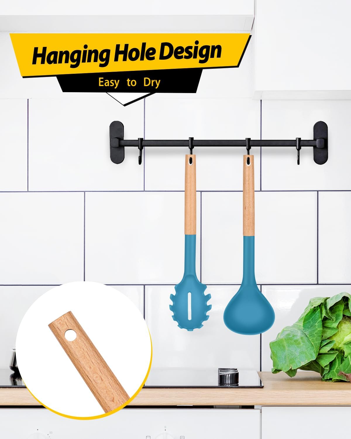 Silicone Pasta Fork and Ladle Spoon Set with Wooden Handle, Heat Resistant Non Stick Kitchen Utensils for Cooking, Stirring, Serving Spaghetti, Soup, Sauce(KHAKI)