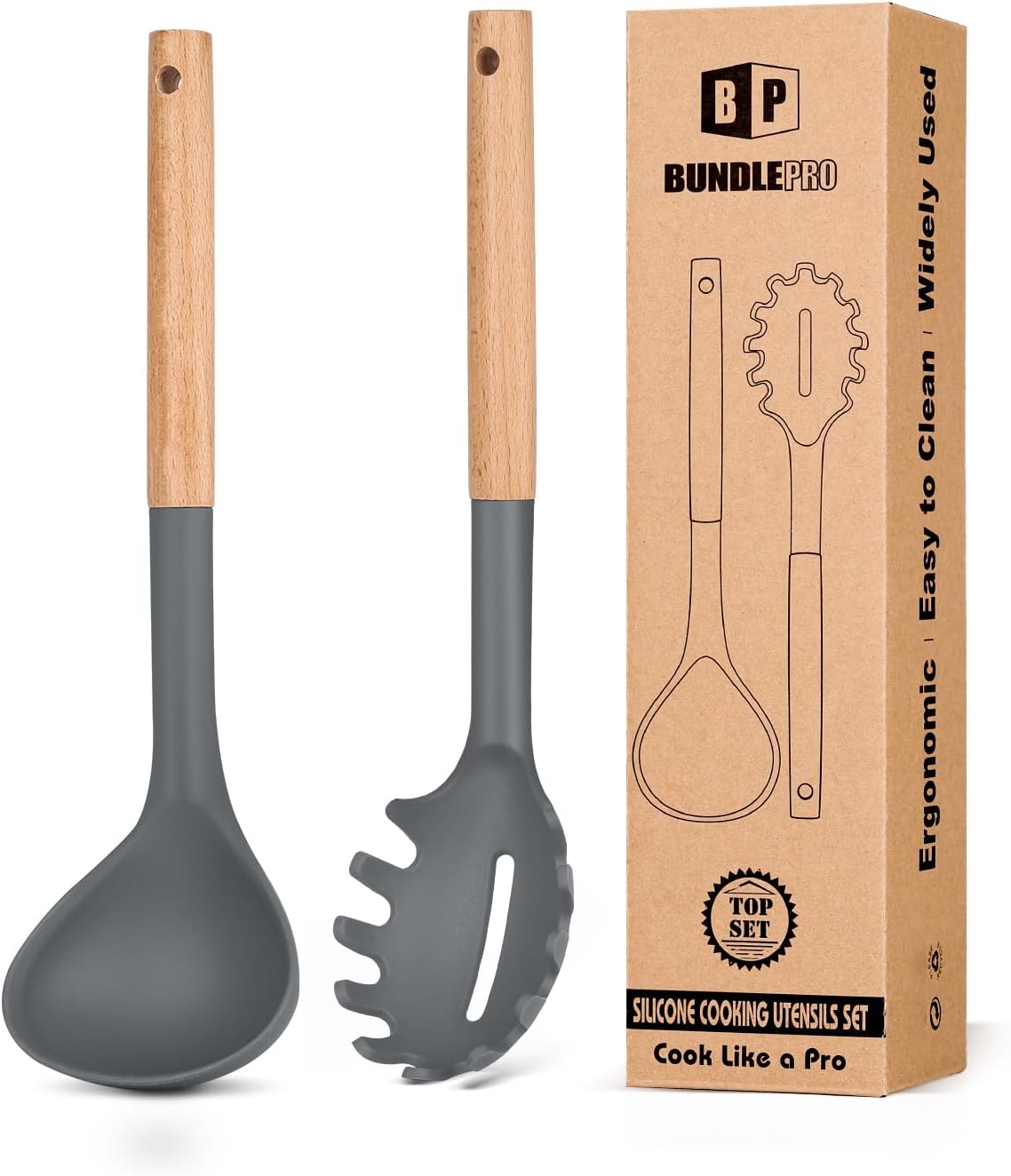 Silicone Pasta Fork and Ladle Spoon Set with Wooden Handle, Heat Resistant Non Stick Kitchen Utensils for Cooking, Stirring, Serving Spaghetti, Soup, Sauce(KHAKI)