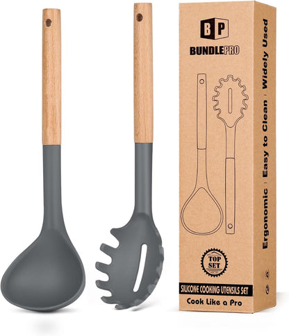 Silicone Pasta Fork and Ladle Spoon Set with Wooden Handle, Heat Resistant Non Stick Kitchen Utensils for Cooking, Stirring, Serving Spaghetti, Soup, Sauce(KHAKI)