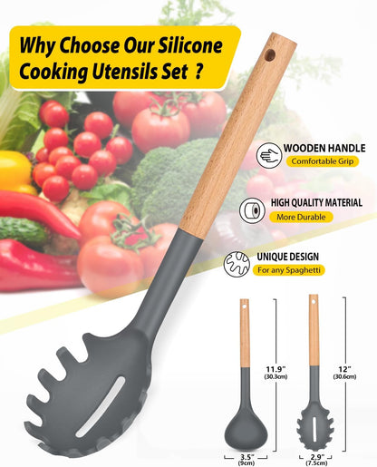 Silicone Pasta Fork and Ladle Spoon Set with Wooden Handle, Heat Resistant Non Stick Kitchen Utensils for Cooking, Stirring, Serving Spaghetti, Soup, Sauce(KHAKI)