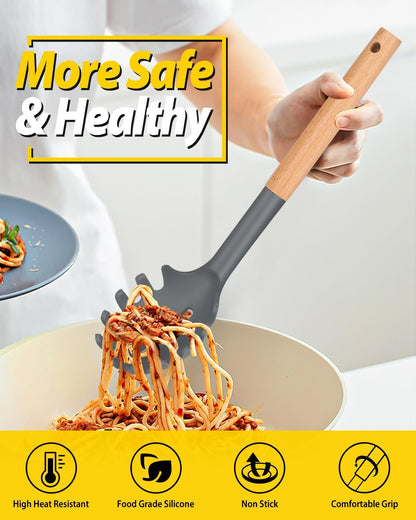 Silicone Pasta Fork and Ladle Spoon Set with Wooden Handle, Heat Resistant Non Stick Kitchen Utensils for Cooking, Stirring, Serving Spaghetti, Soup, Sauce(KHAKI)