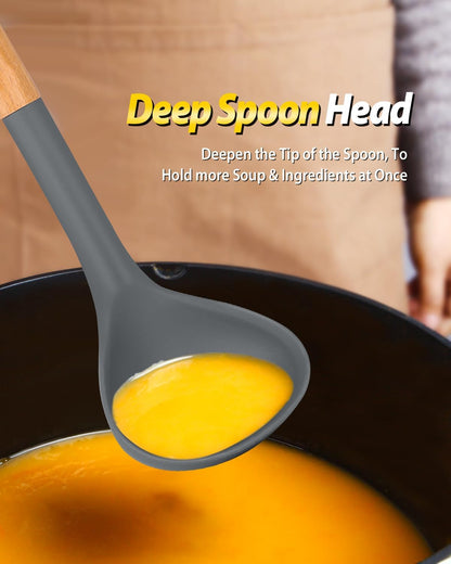 Silicone Pasta Fork and Ladle Spoon Set with Wooden Handle, Heat Resistant Non Stick Kitchen Utensils for Cooking, Stirring, Serving Spaghetti, Soup, Sauce(KHAKI)