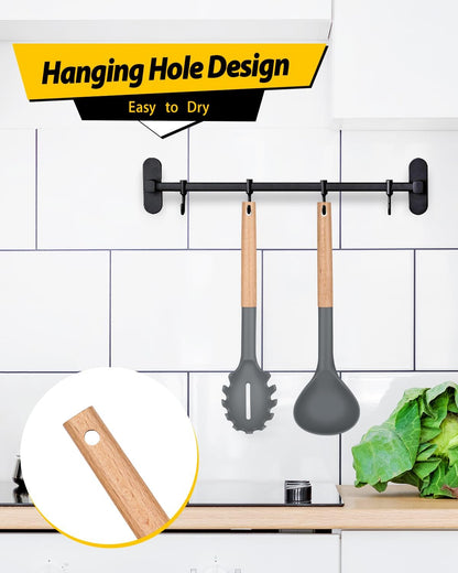 Silicone Pasta Fork and Ladle Spoon Set with Wooden Handle, Heat Resistant Non Stick Kitchen Utensils for Cooking, Stirring, Serving Spaghetti, Soup, Sauce(KHAKI)