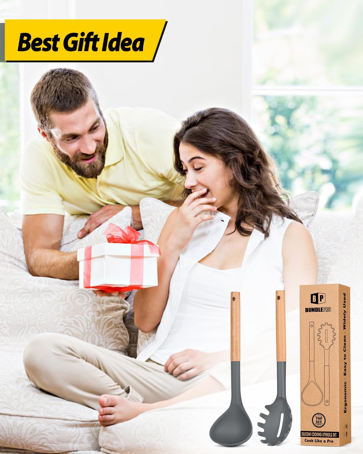 Silicone Pasta Fork and Ladle Spoon Set with Wooden Handle, Heat Resistant Non Stick Kitchen Utensils for Cooking, Stirring, Serving Spaghetti, Soup, Sauce(KHAKI)