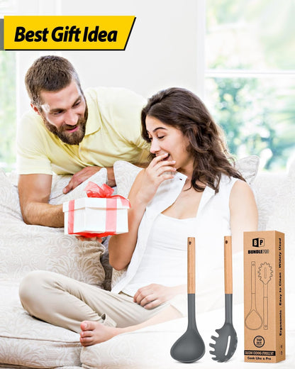 Silicone Pasta Fork and Ladle Spoon Set with Wooden Handle, Heat Resistant Non Stick Kitchen Utensils for Cooking, Stirring, Serving Spaghetti, Soup, Sauce(KHAKI)