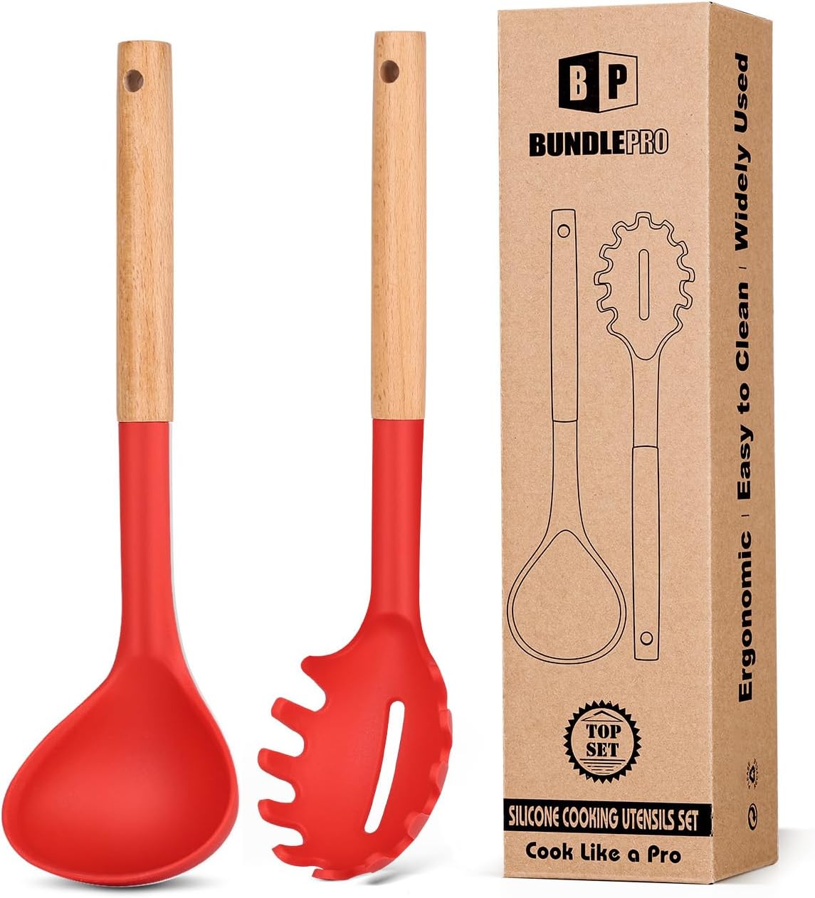 Silicone Pasta Fork and Ladle Spoon Set with Wooden Handle, Heat Resistant Non Stick Kitchen Utensils for Cooking, Stirring, Serving Spaghetti, Soup, Sauce(KHAKI)