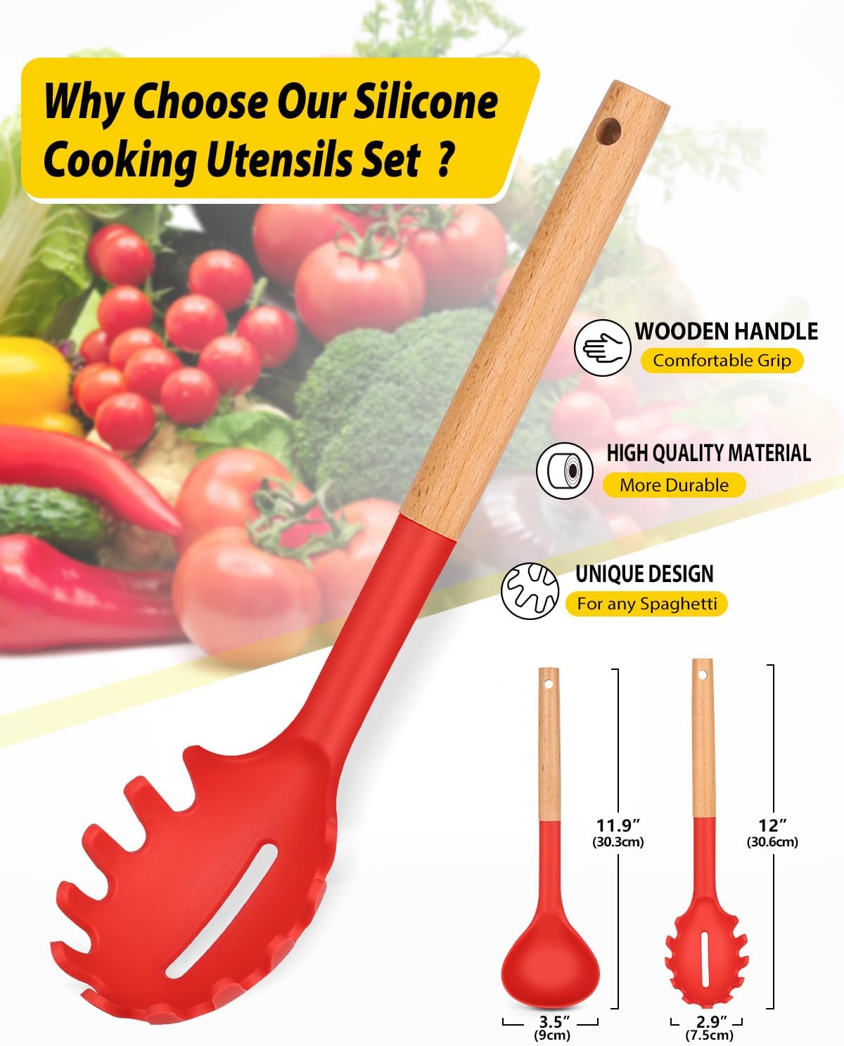 Silicone Pasta Fork and Ladle Spoon Set with Wooden Handle, Heat Resistant Non Stick Kitchen Utensils for Cooking, Stirring, Serving Spaghetti, Soup, Sauce(KHAKI)