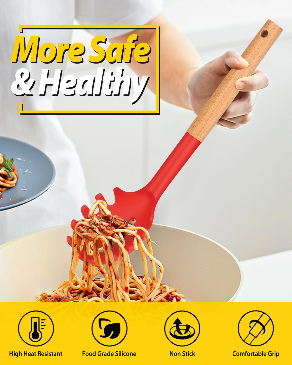 Silicone Pasta Fork and Ladle Spoon Set with Wooden Handle, Heat Resistant Non Stick Kitchen Utensils for Cooking, Stirring, Serving Spaghetti, Soup, Sauce(KHAKI)