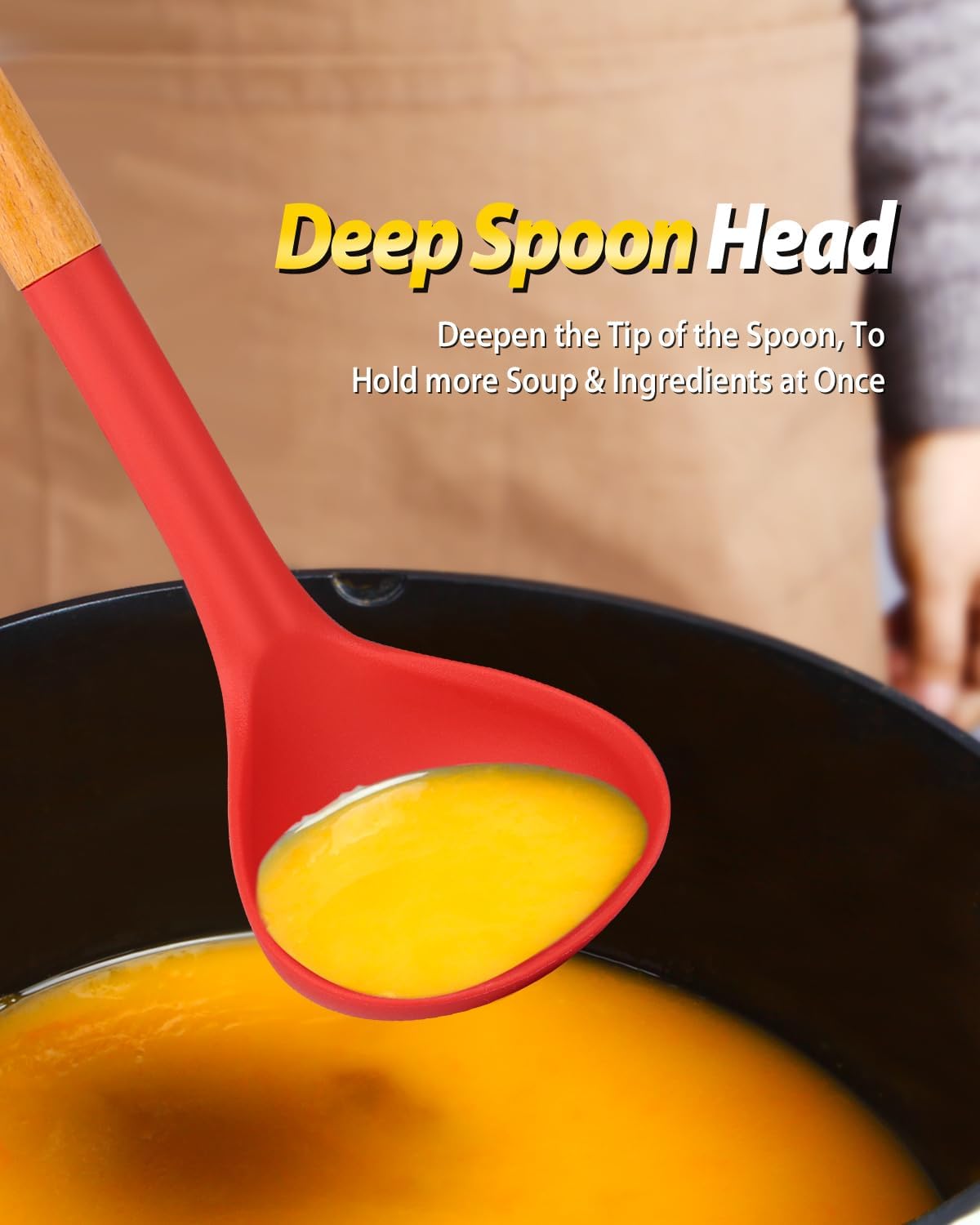 Silicone Pasta Fork and Ladle Spoon Set with Wooden Handle, Heat Resistant Non Stick Kitchen Utensils for Cooking, Stirring, Serving Spaghetti, Soup, Sauce(KHAKI)