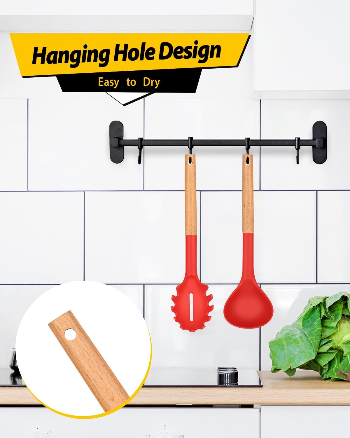 Silicone Pasta Fork and Ladle Spoon Set with Wooden Handle, Heat Resistant Non Stick Kitchen Utensils for Cooking, Stirring, Serving Spaghetti, Soup, Sauce(KHAKI)