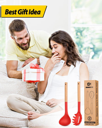 Silicone Pasta Fork and Ladle Spoon Set with Wooden Handle, Heat Resistant Non Stick Kitchen Utensils for Cooking, Stirring, Serving Spaghetti, Soup, Sauce(KHAKI)