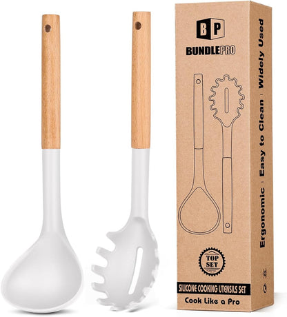 Silicone Pasta Fork and Ladle Spoon Set with Wooden Handle, Heat Resistant Non Stick Kitchen Utensils for Cooking, Stirring, Serving Spaghetti, Soup, Sauce(KHAKI)