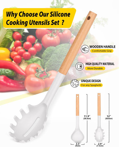 Silicone Pasta Fork and Ladle Spoon Set with Wooden Handle, Heat Resistant Non Stick Kitchen Utensils for Cooking, Stirring, Serving Spaghetti, Soup, Sauce(KHAKI)