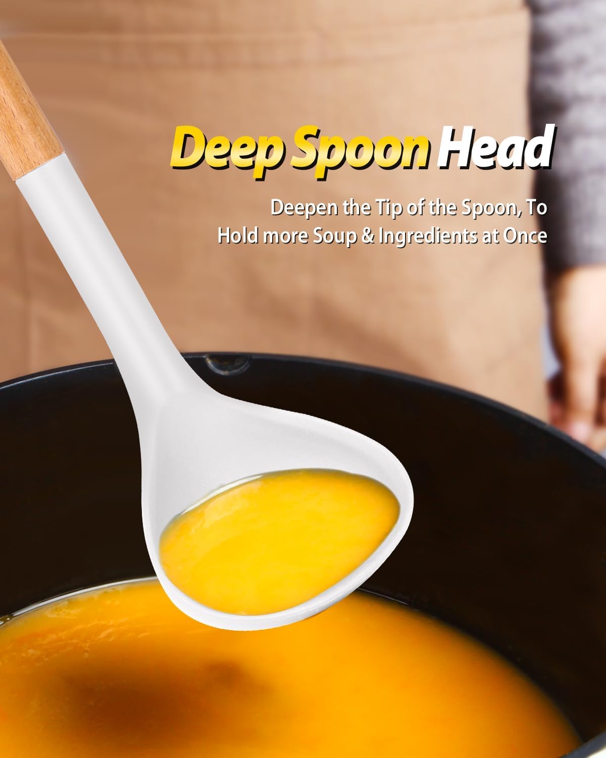 Silicone Pasta Fork and Ladle Spoon Set with Wooden Handle, Heat Resistant Non Stick Kitchen Utensils for Cooking, Stirring, Serving Spaghetti, Soup, Sauce(KHAKI)